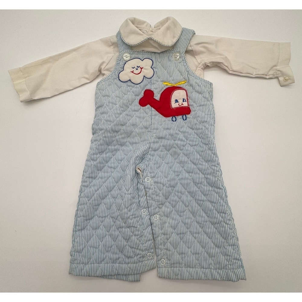 Vintage Tiny Tots Original Baby Boy Airplane Seersucker Longall Set Size 6-9 M